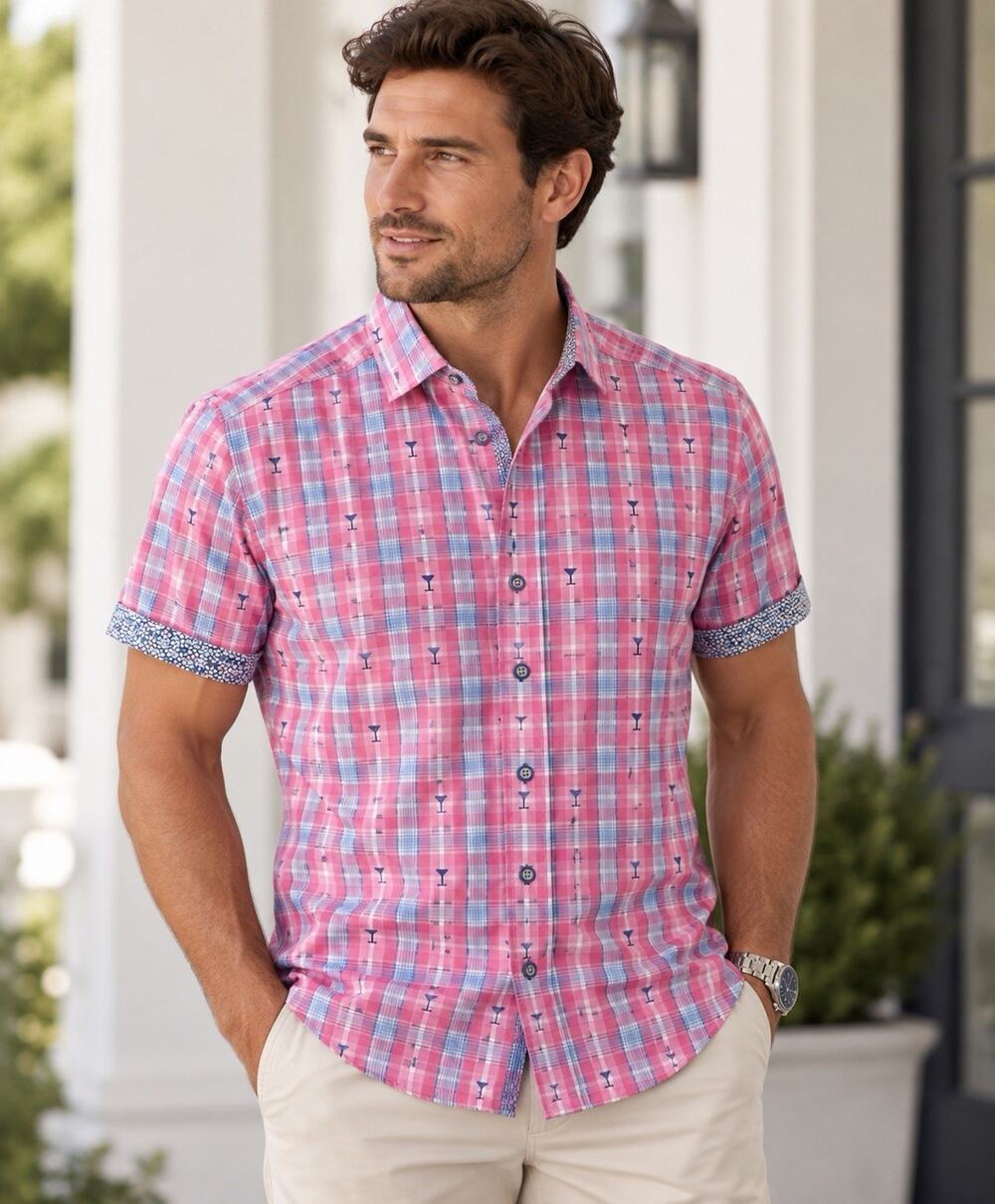 Robert Graham Button Down Shirt Mens M Pink Plaid Martini Glass Print Preppy